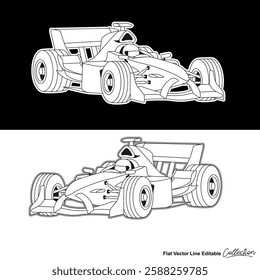 Powerful Racing Car, editable vector car illustrated in black and white 