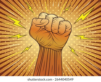A powerful raised fist illustrated in retro comic pop art styles with dynamic lightning bolts and exploding backgrounds. Symbol of resistance, empowerment, strength, revolution and motivational media.