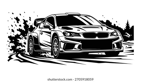 A powerful rally car in a dynamic pose, kicking up dirt and debris, rendered in a striking black and white illustration style, emphasizing speed and motion.