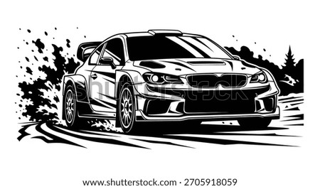 A powerful rally car in a dynamic pose, kicking up dirt and debris, rendered in a striking black and white illustration style, emphasizing speed and motion.