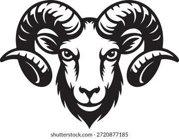 Die kraftvolle Rammkopf-Grafik zeigt starke Gesichtszüge und detailreiche, kurvige Hörner, die im krassen schwarz-weißen Vektorstil gerendert wurden, perfekt für Logos oder Embleme.