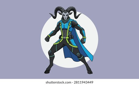 Powerful ram superhero character in a futuristic blue and black combat suit standing in front of a white circular shield.