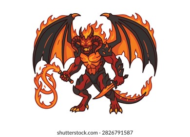 A powerful red demonic creature with large bat-like wings horns and muscular physique brandishing a burning whip and a sharp dagger
