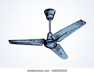 Powerful refresh spin rotor blower device in light flat house. Outline black ink hand drawn hot turn tool. Household logo pictogram in art doodle retro style pen on paper space for text. Close up view