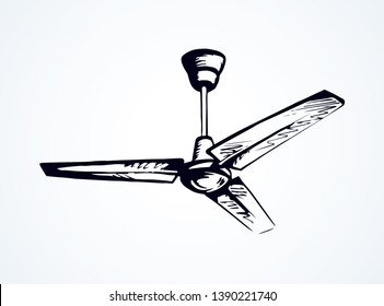 Powerful refresh spin rotor blower device in light flat house. Outline black ink hand drawn hot turn tool. Household logo pictogram in art doodle retro style pen on paper space for text. Close up view