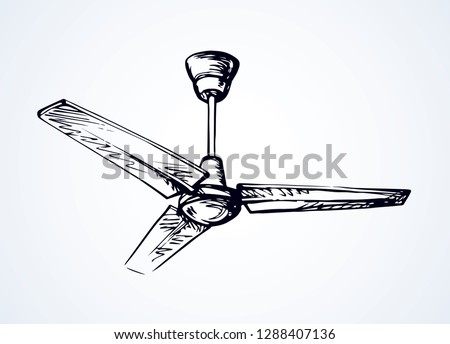 Powerful refresh spin rotor blower device in light flat house. Outline black ink hand drawn hot turn tool. Household logo pictogram in art doodle retro style pen on paper space for text. Close up view