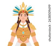 Powerful and regal Mayan warrior princess adorned in golden armor and a radiant feathered headdress. Flat vector illustration isolated on white background