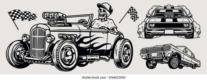 Powerful retro custom cars vintage concept with skeleton in baseball cap driving hot rod lowrider and muscle automobiles racing checkered flags in monochrome style isolated vector illustration