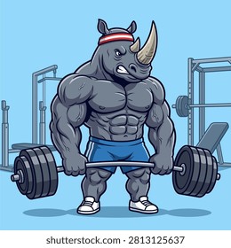A powerful rhinoceros character performs a heavy barbell deadlift inside a gym setting. This cartoon illustration features a muscular rhino wearing a headband and sports gear, showcasing immense strength and determination for fitness branding.