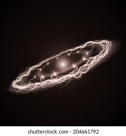 Powerful ring lightening on dark background with bright sparkle in the center; sepia colors, retro effect