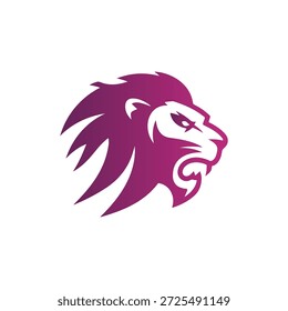 Logotipo poderoso da cabeça do leão rugido no gradiente roxo