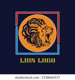 Poderoso perfil de cabeça de leão rugido Mascote Design de logotipo com círculo laranja no fundo azul escuro