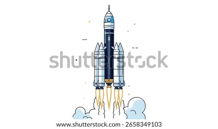 A powerful rocket ascends into the sky propelled by fiery exhaust and billowing clouds