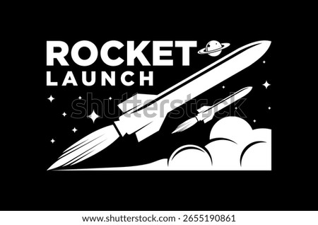 Powerful rocket blasts off, leaving a trail of fire and clouds.  A journey into space begins. stars and planet saturn element.