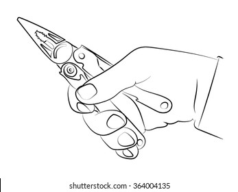 Powerful scissors.  One hand holds a pair of pliers. Pencil vector drawing on the theme of pliers in arms.
