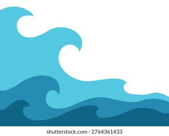 Powerful sea wave movement illustration using shades of blue to represent deep ocean water and white foam spray in abstract vector style.