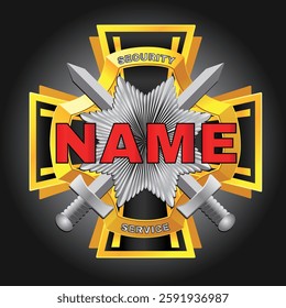 A powerful security service badge featuring a golden and silver cross design with two crossed swords, a metallic star emblem, and bold typography for security branding.