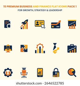 A powerful set of 15 flat business icons covering growth, finance, leadership, analytics, and team strategy. Ideal for startups, fintech, SaaS, and corporate use.