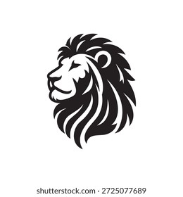 A powerful side profile of a black and white lion head, a silhouette vector illustration design template, displaying a robust and layered mane, looking to the left. This commanding black and white vector image presents a strong side profile of a lion's head, facing left. The design focuses on conveying sheer power and stately presence through clean lines and sharp contrasts. Ideal for a formidable logo or an iconic graphic.