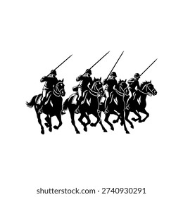 A powerful silhouette of a cavalry unit charging forward with lances, depicting historical warfare and equestrian skill.
