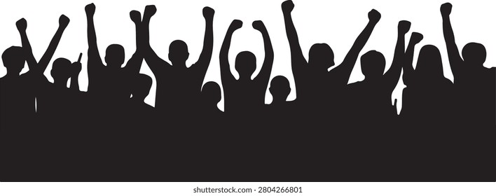 A powerful silhouette depicting a large group of people raising their fists in unison, symbolizing collective strength, protest, or celebration.