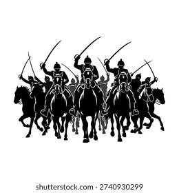A powerful silhouette of a group of ancient cavalry warriors on horseback, brandishing swords, ready for battle.