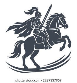 A powerful silhouette of a medieval knight in full armor riding a rearing horse and holding a sword. This heroic emblem represents strength, courage and bravery.