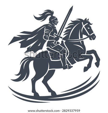 A powerful silhouette of a medieval knight in full armor riding a rearing horse and holding a sword. This heroic emblem represents strength, courage and bravery.