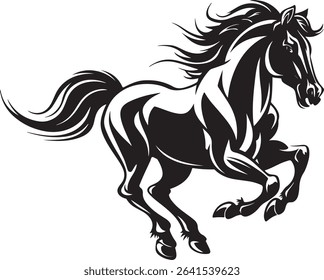 Powerful silhouette of a running horse with a flowing mane. A dynamic design representing speed, freedom, and grace. Ideal for brands, posters, or tattoos.

