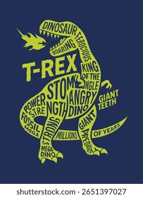 A powerful silhouette of a T Rex filled with dynamic typography that represents its ferocity and strength. Words like stomping, roaring, giant predator, and king of the jungle.