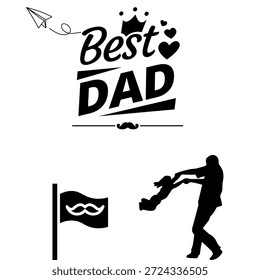 Kraftvoller Silhouettenvektor eines Vaters, der sein Kind mit "Best Dad"-Typografie hochhebt. Dynamisches Design für Sportthemen, Motivationsplakate und Vatertagskleidung.