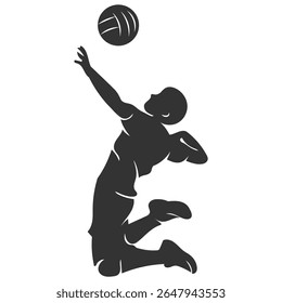 A powerful silhouette of a volleyball player mid-air during a serve, emphasizing motion, strength, and athletic spirit in a competitive sports setting.