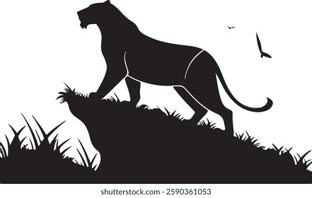 A powerful silhouette of a wildcat, likely a leopard or jaguar, stands atop a grassy hill.