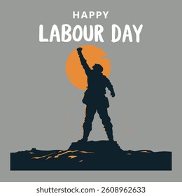 A powerful silhouette of a worker set against a bold orange sun with the text happy labour day