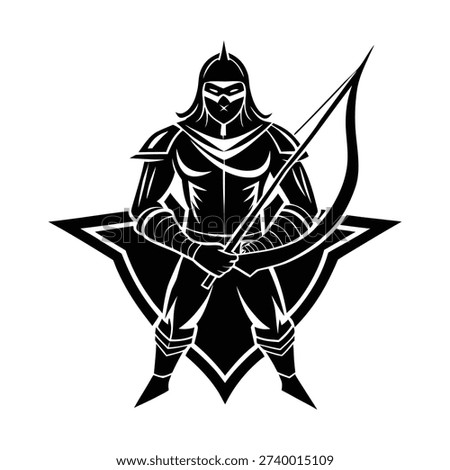 A powerful, silhouetted warrior with a bow and arrow stands ready for combat.