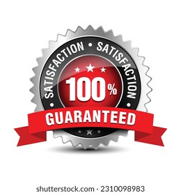 Powerful Silver color 100% Satisfaction Guaranteed badge, sign, and symbol with red colored ribbon isolated on white background. Vector illustration.