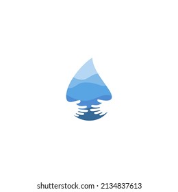 Diseño potente, sencillo y profesional. El diseño de combinar una gota y una mano de agua. El estilo de espacio negativo de las manos abrazadas apoya la imagen del cuidado.