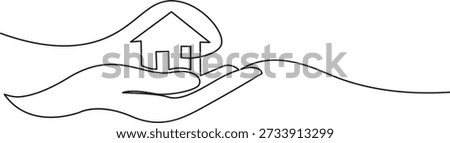 A powerful single line drawing depicts a house cradled in a pair of hands, symbolizing care, protection, real estate, and home ownership.