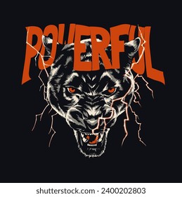 powerful slogan with angry panther and thunder bolt vector illustration on black background