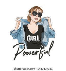 powerful slogan with cartoon girl in t shirt and jacket illustration