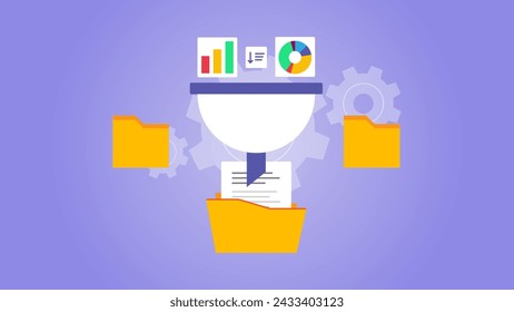 Powerful sorting vector illustration. Process of sorting data and inserting it into a data file. Vector illustration with purple background