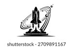 A powerful space shuttle lifts off, surrounded by stylized planetary rings and celestial bodies, symbolizing exploration and scientific advancement.