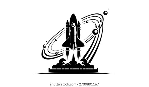 Un poderoso transbordador espacial despega, rodeado de anillos planetarios estilizados y cuerpos celestes, simbolizando la exploración y el avance científico.