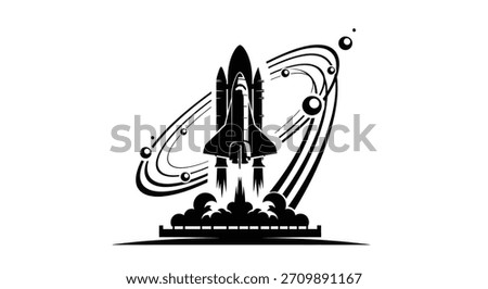 A powerful space shuttle lifts off, surrounded by stylized planetary rings and celestial bodies, symbolizing exploration and scientific advancement.