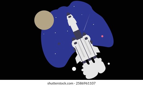 A powerful space shuttle soars through the vast expanse of space, its engines blazing as it navigates the stars on a mission toward a distant planet.