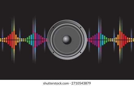 Alto-falante poderoso emitindo ondas equalizadoras coloridas através de um fundo escuro, visualizando música, ritmo e energia acústica com barras de frequência vibrantes e movimento dinâmico