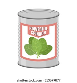 Powerful spinach. Canned spinach. Canning pot with lettuce leaves. Delicacy for vegetarians. Vector illustration
