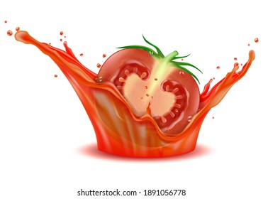 A powerful splash of fresh tomato juice with  sliced tomato as element for food product or drink ad, 3D illustration