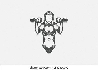 Powerful sportswoman exercising with dumbbells silhouette vector illustration. Strong female athlete with muscular body lifting dumbbells workout in gym hand drawn stamp texture for poster or label