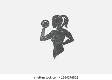 Powerful sportswoman exercising with dumbbells silhouette vector illustration. Strong female athlete with muscular body lifting dumbbells workout in gym hand drawn stamp texture for poster or label